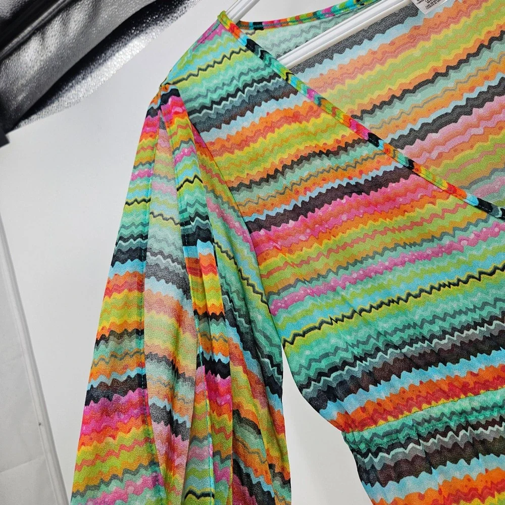 Luli Fama Coverup Dress Multicolor Mesh Sheer Striped Chevron V-neck Tunic Sz S
